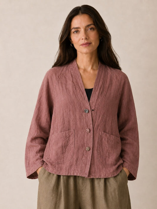 Premium Linen Pocket V-Neck Blouse