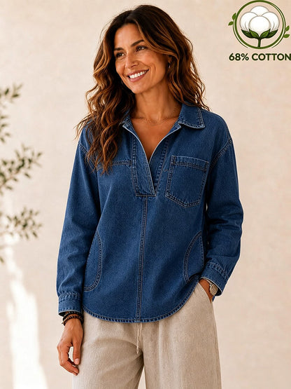 Women's Washed Denim V-Neck Hoodie