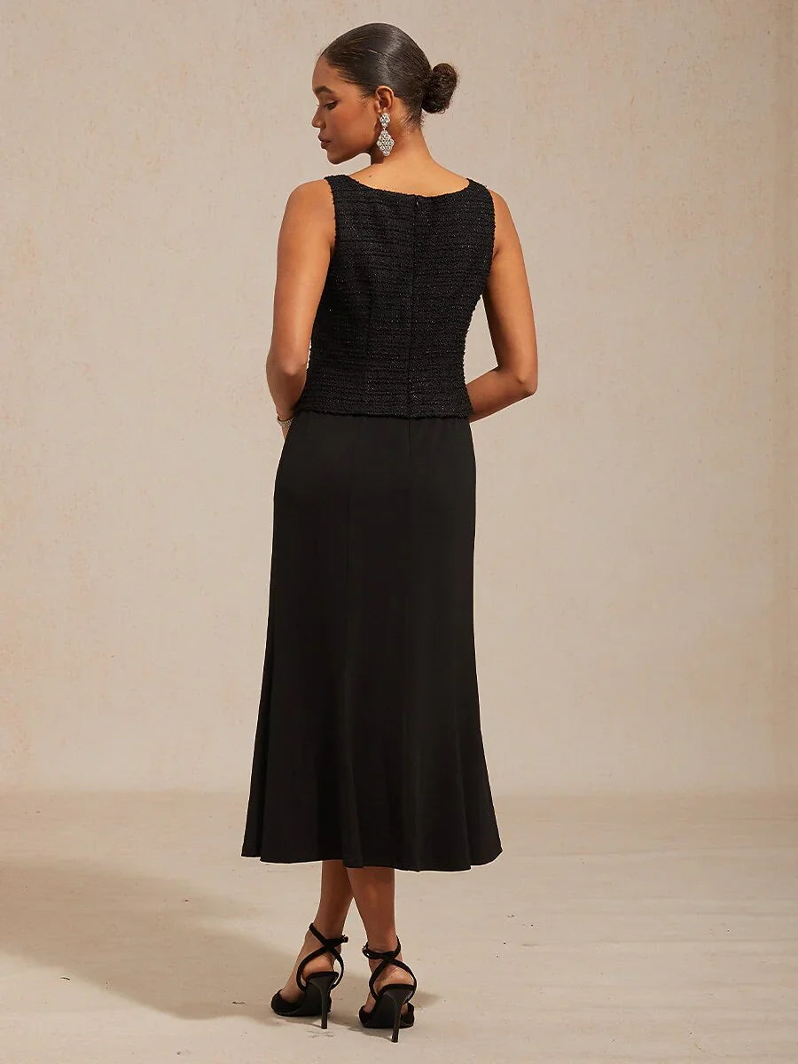 Sleeveless Square Neck Spring Dress with Tweed Bodice