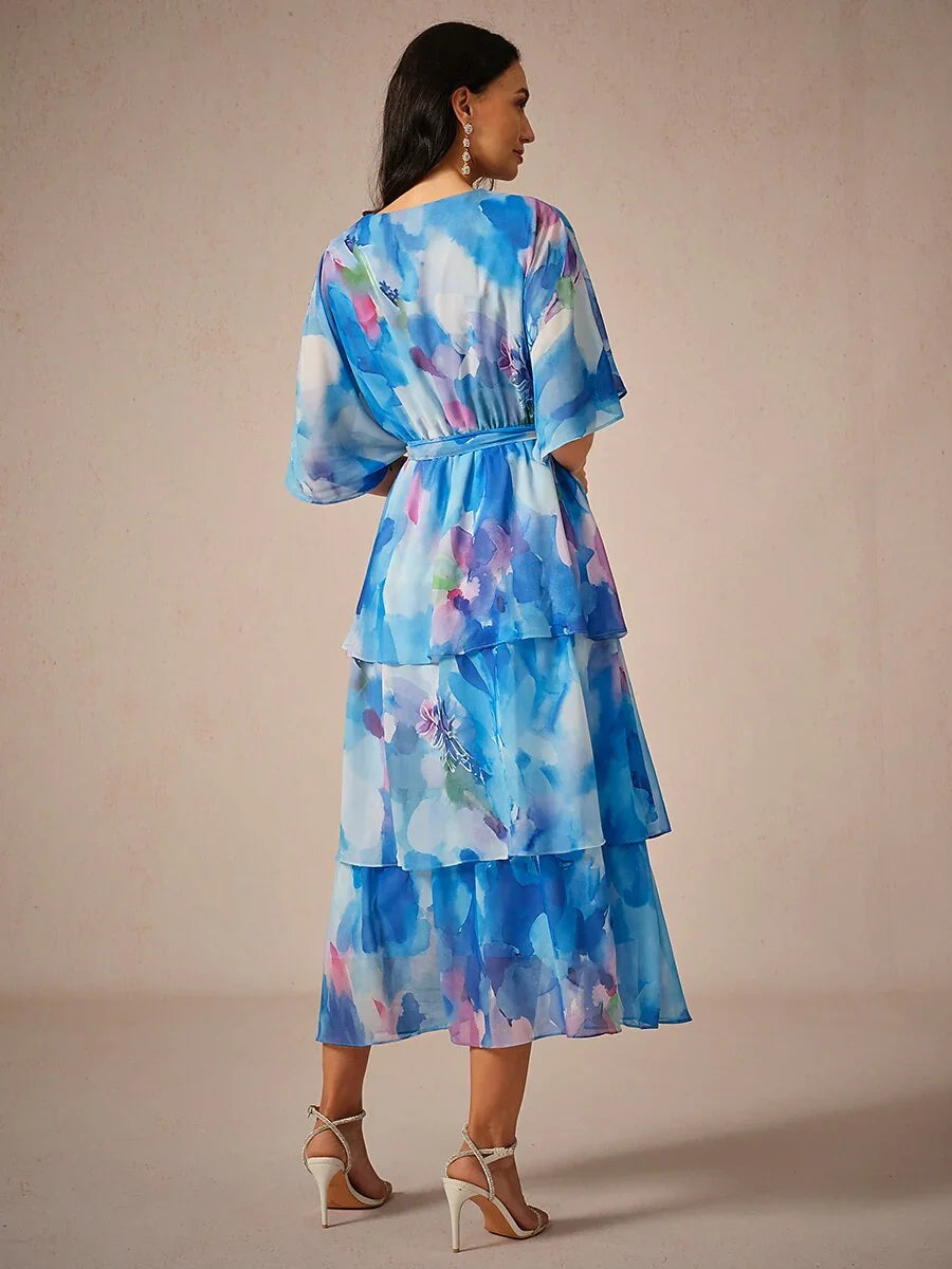 Chiffon Layered Ruffle V Neck Tye Dye Dress