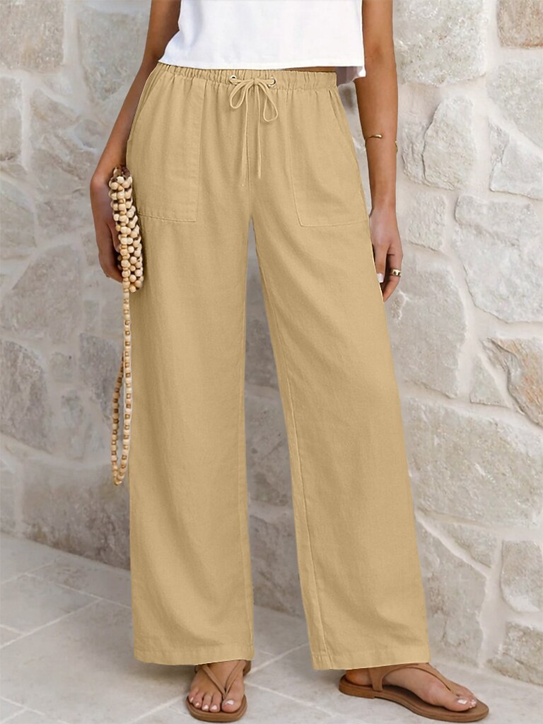 Cotton Linen Drawstring Straight-Leg Pants