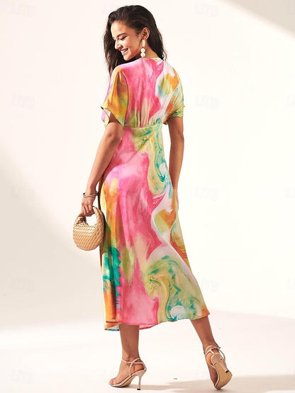 Maxikleid aus Satin mit Batikmuster und Marmor-Print