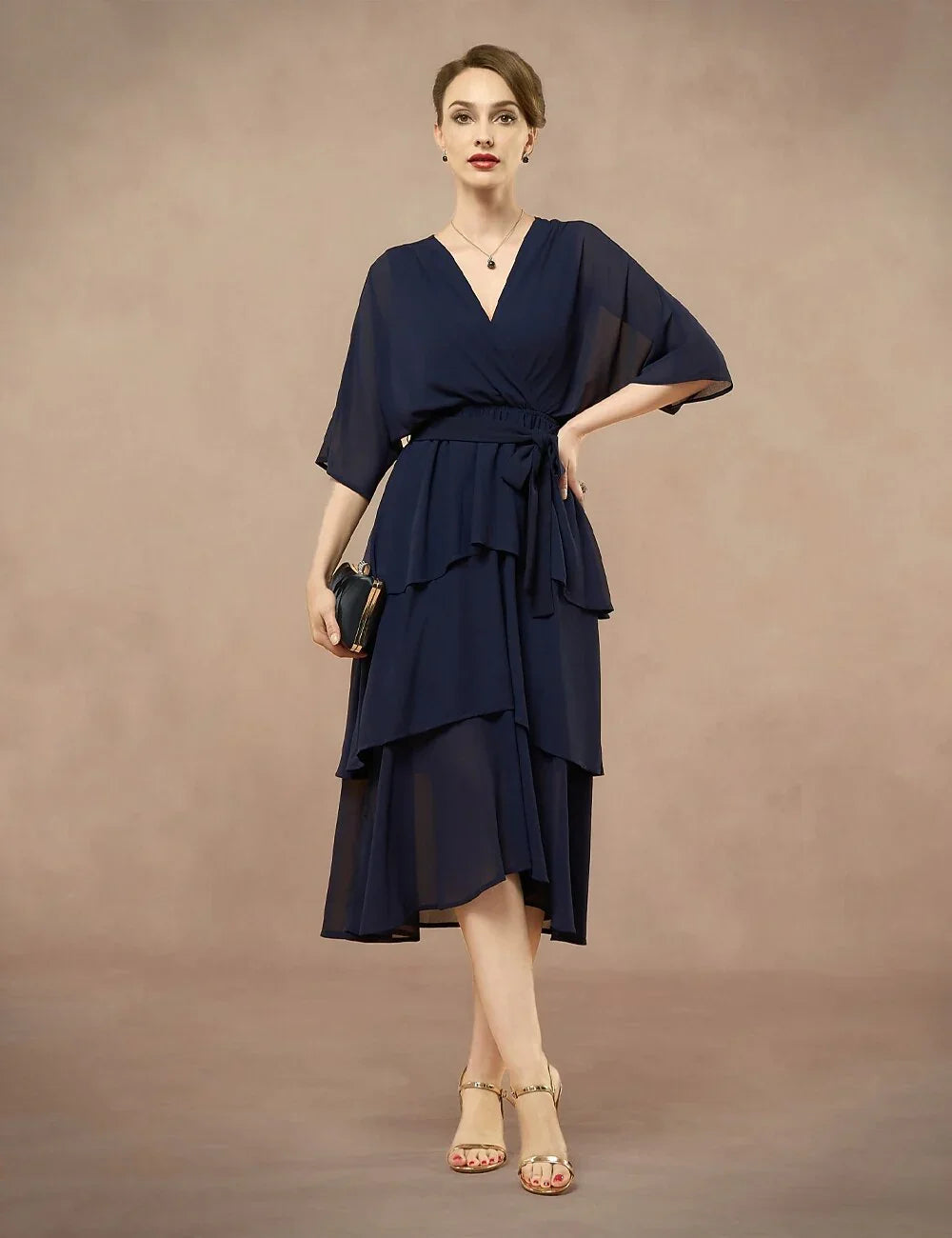 Chiffon Layered Ruffle V-Neck Dress