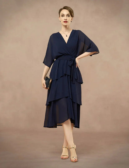 Chiffon Layered Ruffle V-Neck Dress