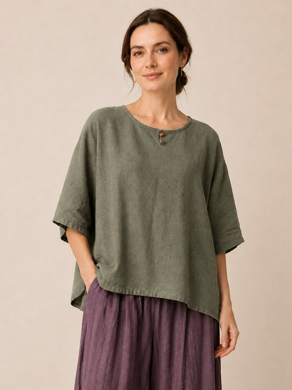 Premium Linen Crew-Neck Button Blouse