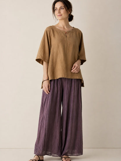 Premium Linen Crew-Neck Button Blouse