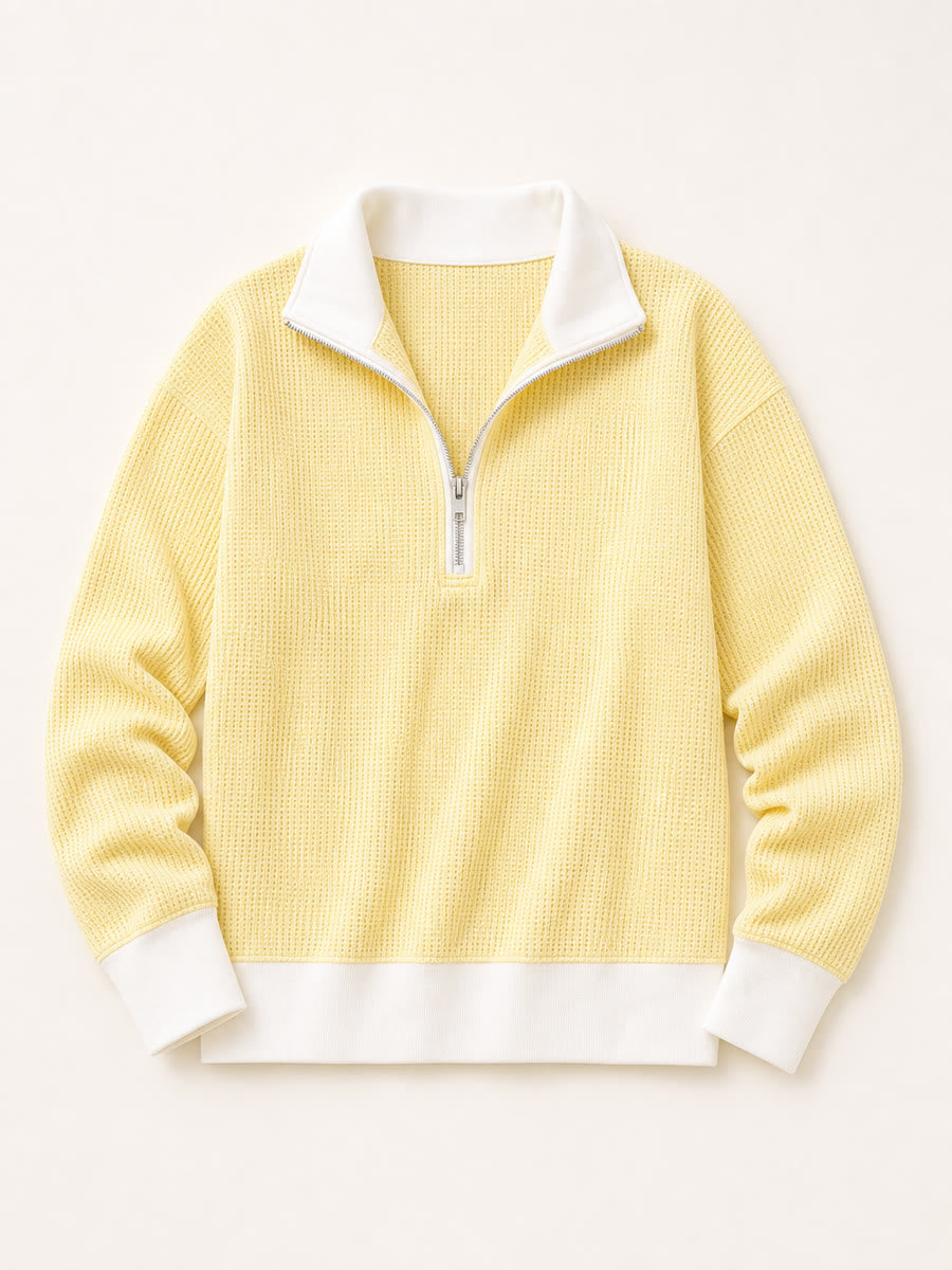 Textured Cotton Waffle Half-Zip Hoodie