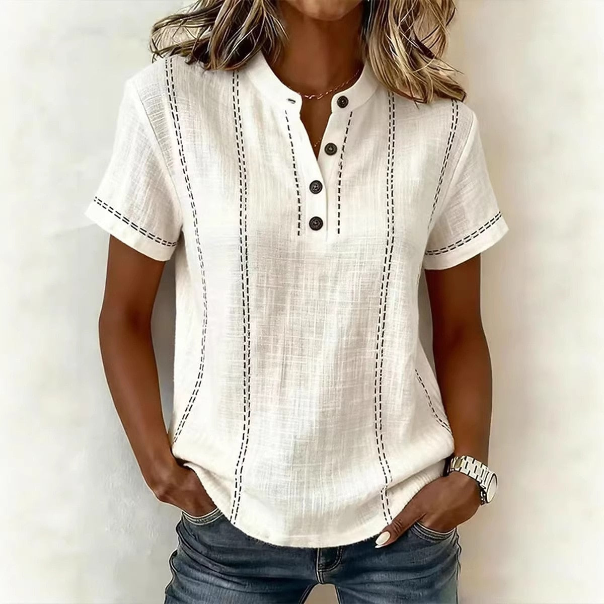 Striped Linen V-Neck Top
