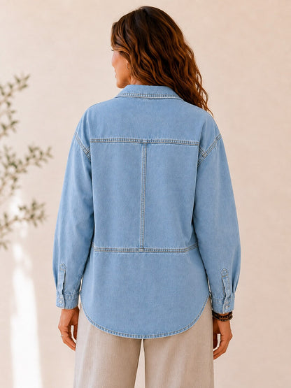 Women's Washed Denim V-Neck Hoodie
