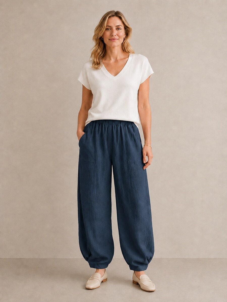Premium Linen Elastic-Waist Balloon Pants