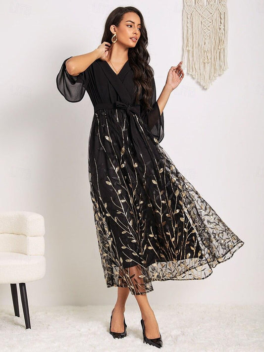 Golden Sequins Mesh Maxi Dress