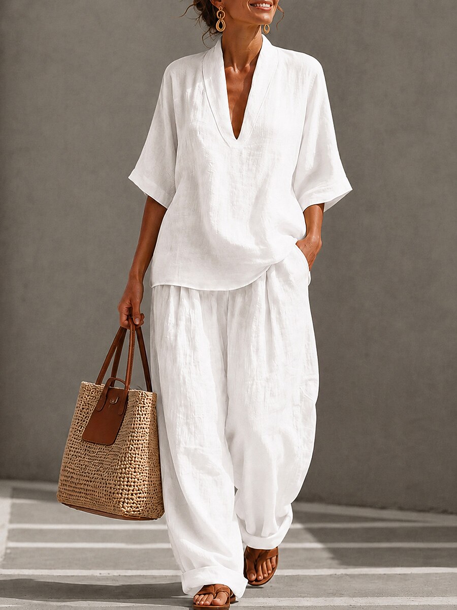 Cotton Linen Sets Half Sleeve V Neck