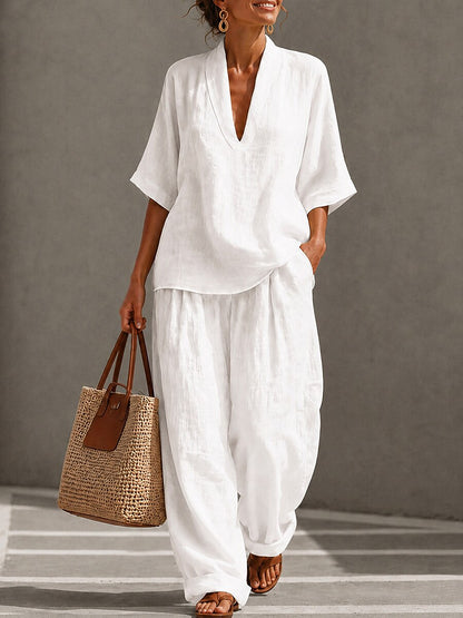 Cotton Linen Sets Half Sleeve V Neck