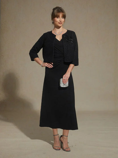 Black V-Neck A-Line Knit Dress with Waist Twist Design