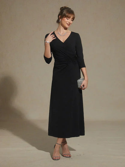 Black V-Neck A-Line Knit Dress with Waist Twist Design