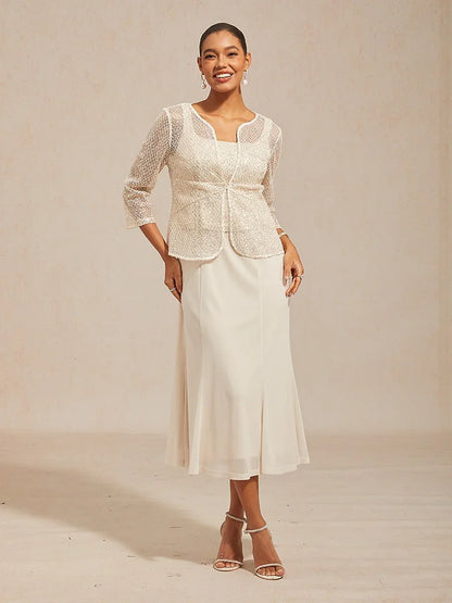 Mesh Sequin 3/4 Sleeve Jacket Dress