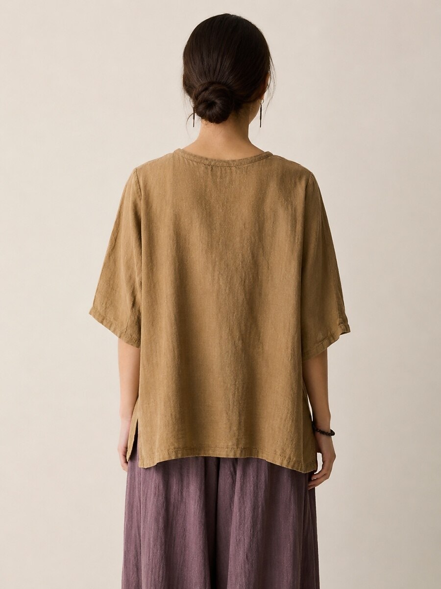 Premium Linen Crew-Neck Button Blouse