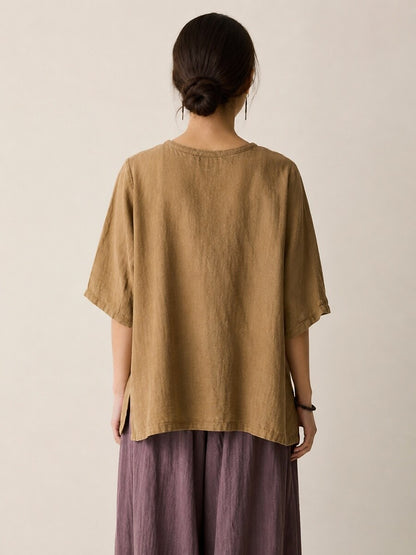 Premium Linen Crew-Neck Button Blouse