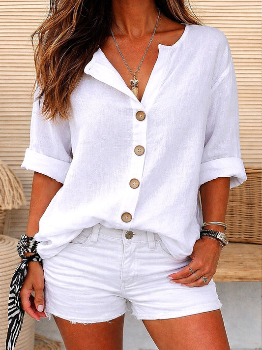 V Neck Cotton Linen Blouse